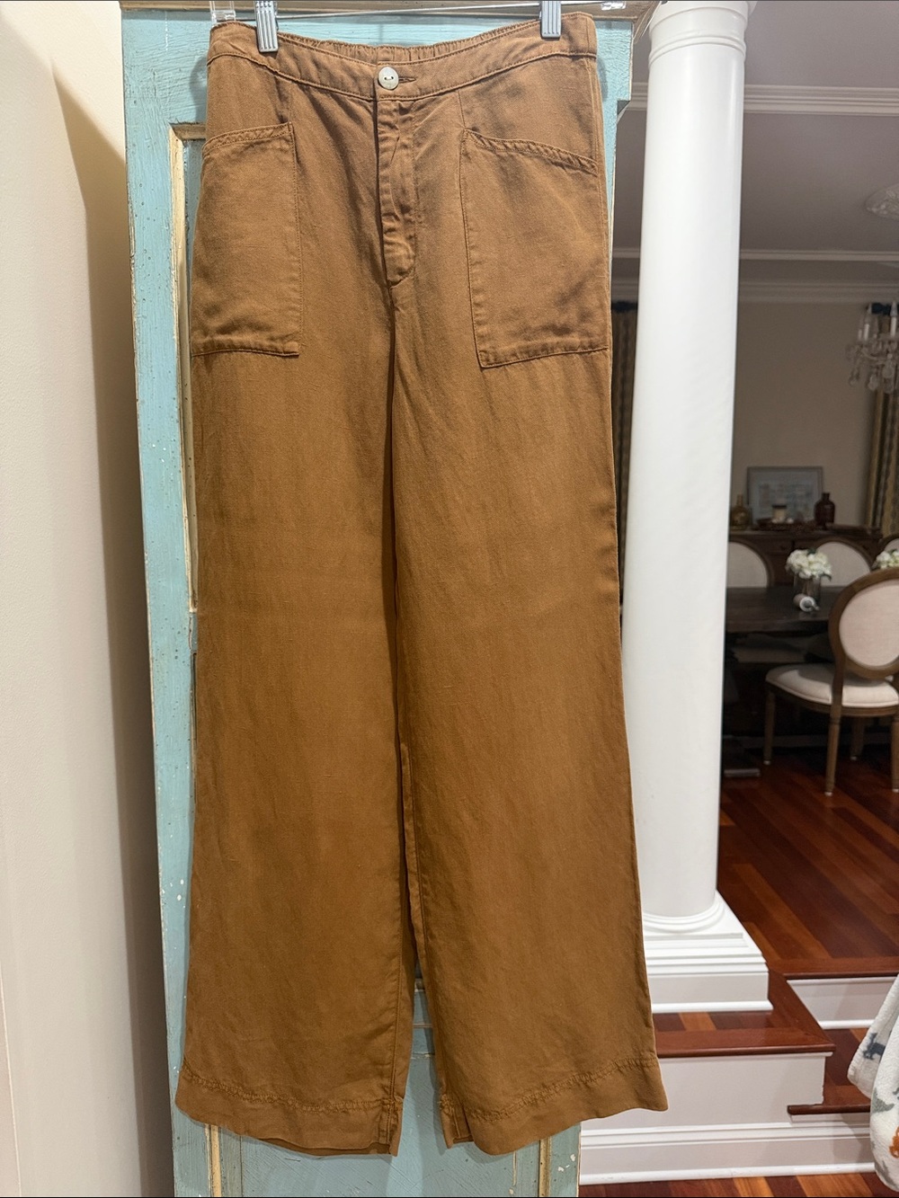Cynthia Rowley Linen Blend Wide Leg Utility Pants Cognac Brown Pocket Medium